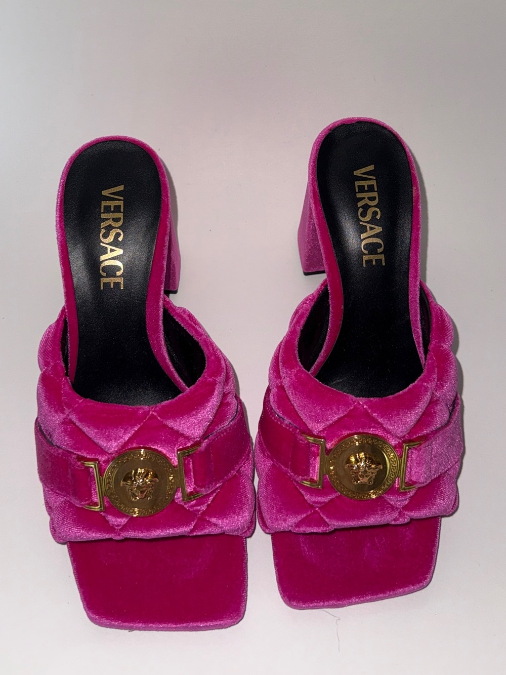 Versace Fuchsia Velvet Medusa Slide Mules with Gold Emblem